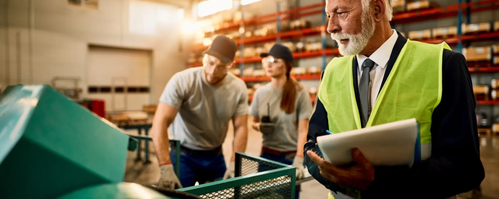 Responsable de production qui prend des notes en observant ses équipes à l’atelier